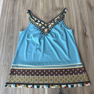 Trulli Women's Blue‎ Colorful V Neck Stretch Tank Top Size Small